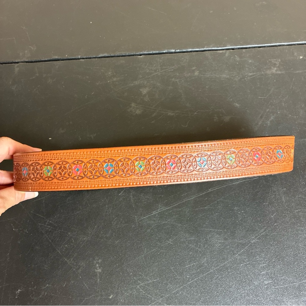 Fossil Brown Tooled Colorful Leather Belt Western Boho Y2K Size Small - Picture 2 of 16